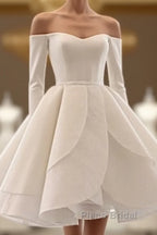 Short Satin Long Sleeves Off Shoulder Ruffles Skirt Wedding Dresses