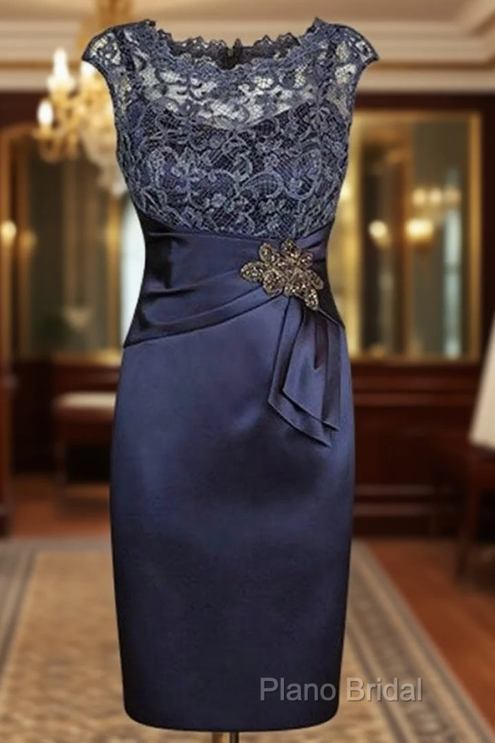 Short Sheath Navy Mother Of Bride Dresses With Lace Beading Formal Prom Gown