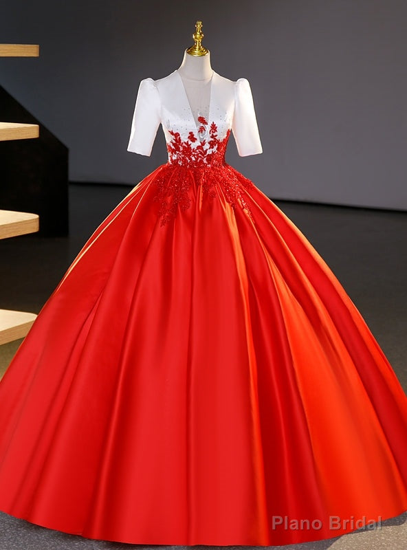 Short Sleeve Satin Appliques Beading Quinceanera Dress Main image