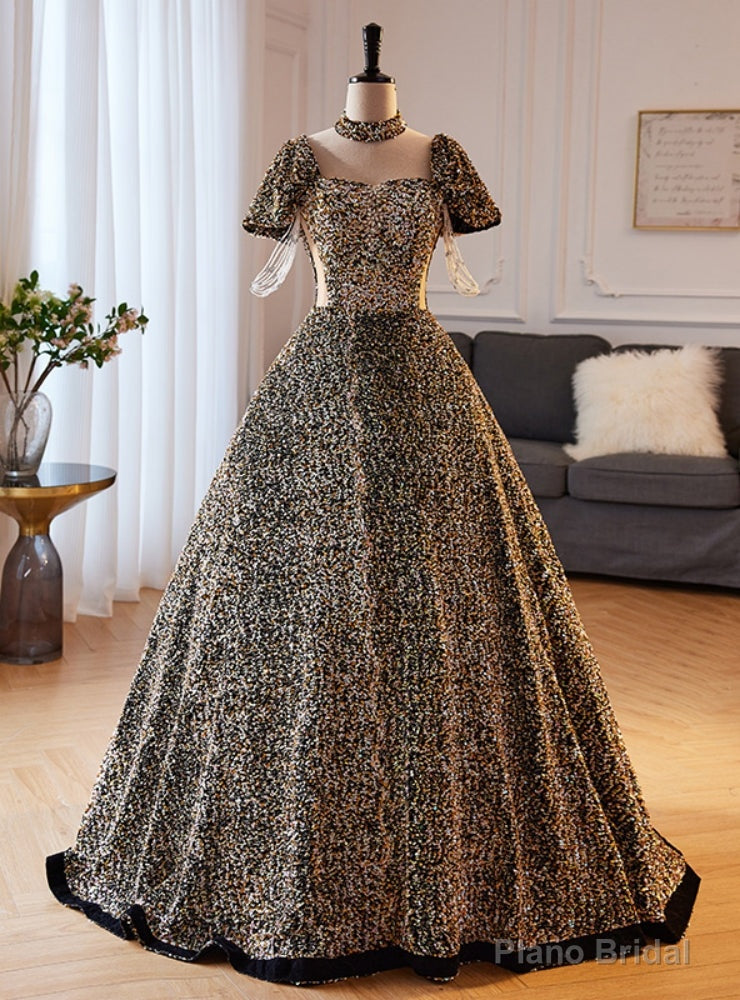 Short Sleeve Square Sequins Beading Prom Dress Main image