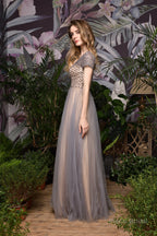 Short Sleeve V Neck A Line Sequin Beaded Long Prom Dresses