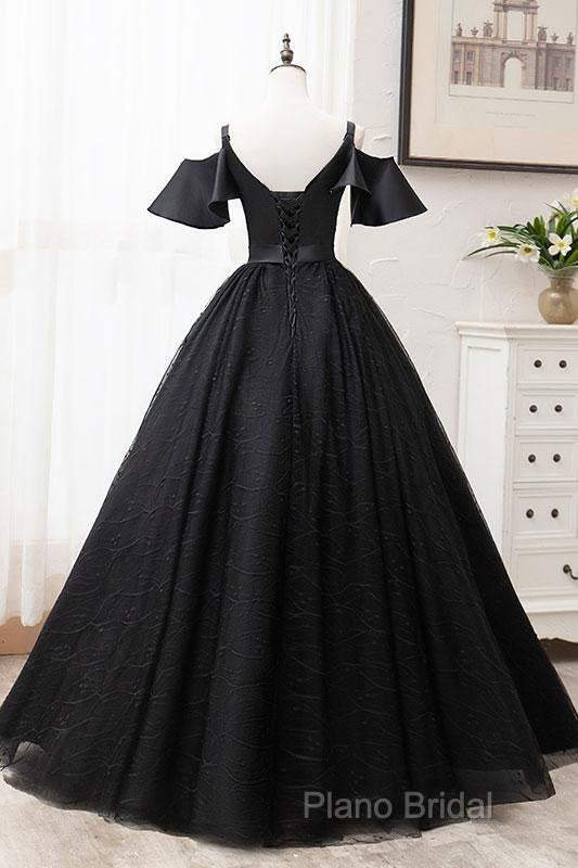 Short Sleeves Black Tulle Lace Sweetheart Long Formal Prom Dresses