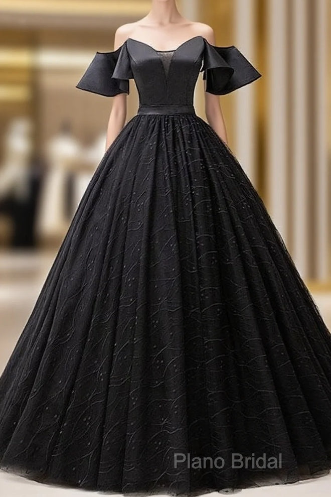 Short Sleeves Black Tulle Lace Sweetheart Long Formal Prom Dresses Main image