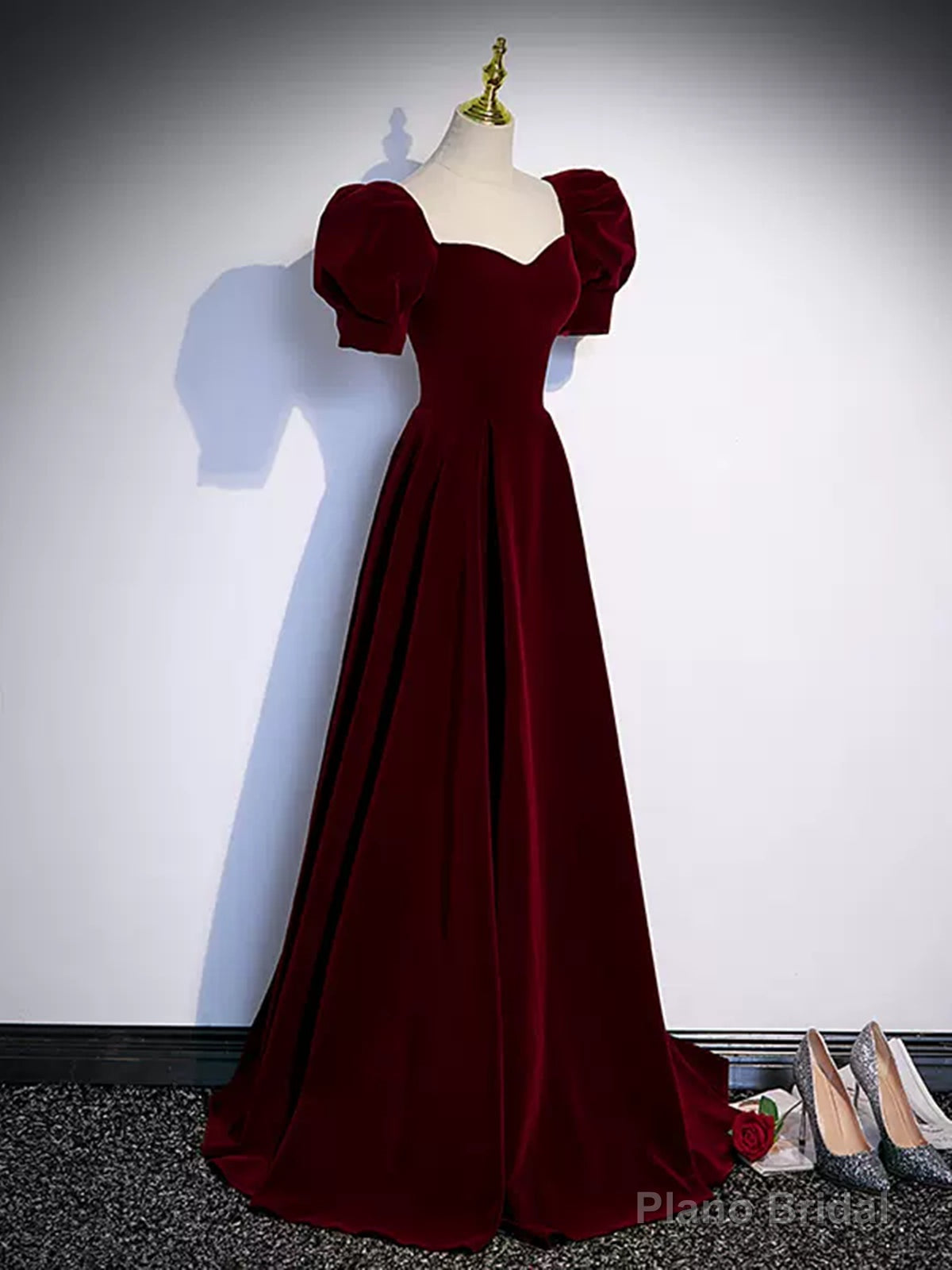 Short Sleeves Burgundy Long Prom Dresses, Wine Red Long Formal Evening Dresses Main image