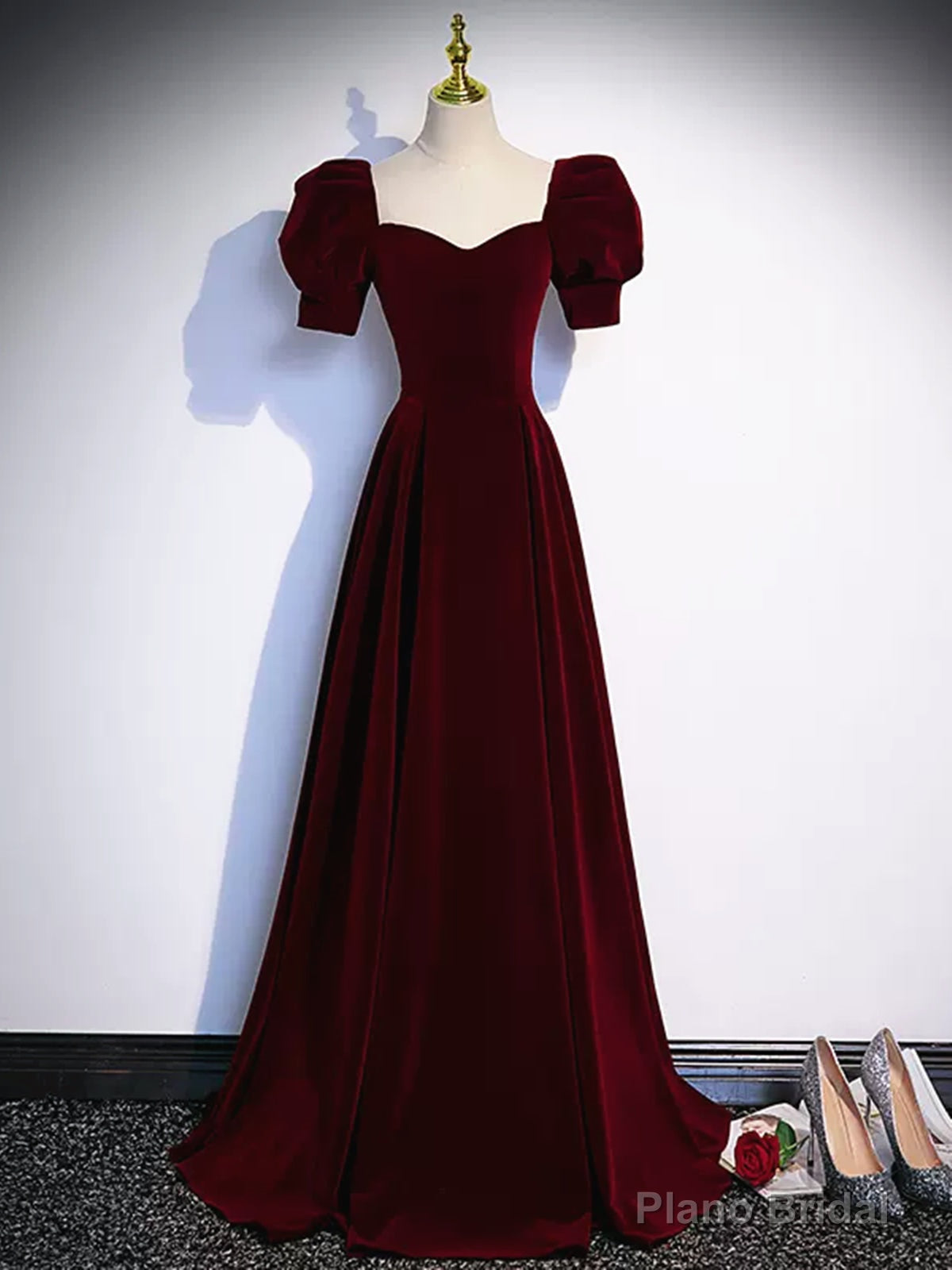 Short Sleeves Burgundy Long Prom Dresses, Wine Red Long Formal Evening Dresses Secondary image