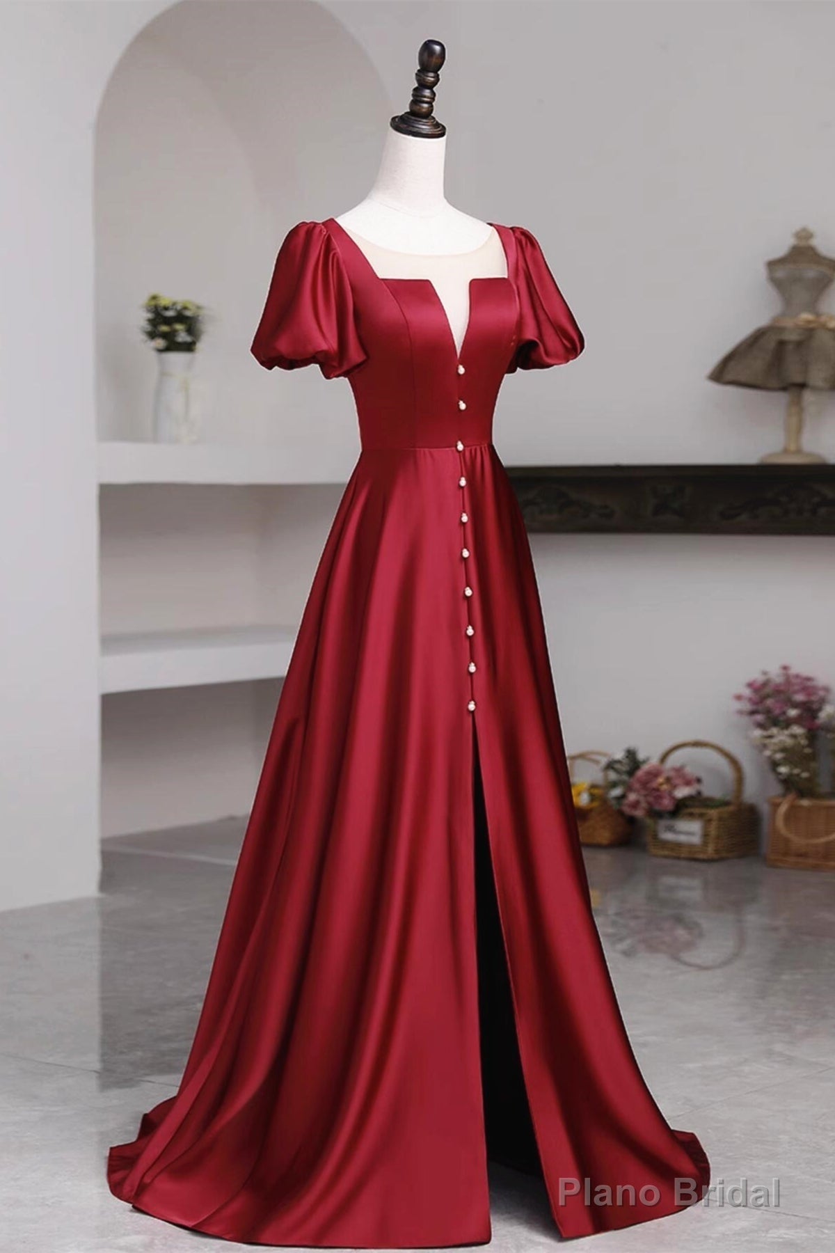 Short Sleeves Burgundy Long Prom Dresses with High Slit, Wine Red High Slit Long Formal Evening Dresses Main image