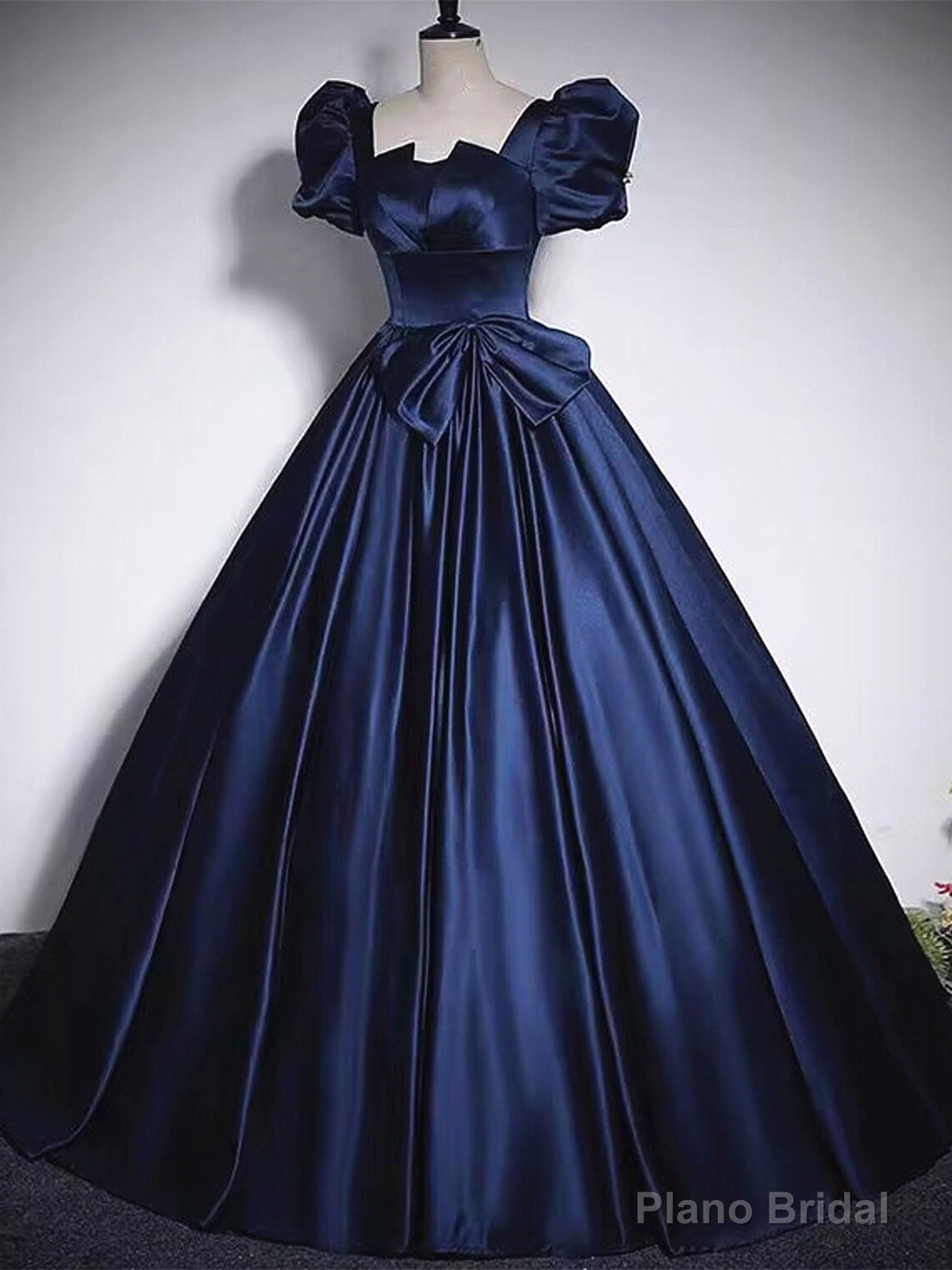 Short Sleeves Dark Blue Long Prom Dresses, Dark Blue Short Sleeves Long Formal Evening Dresses