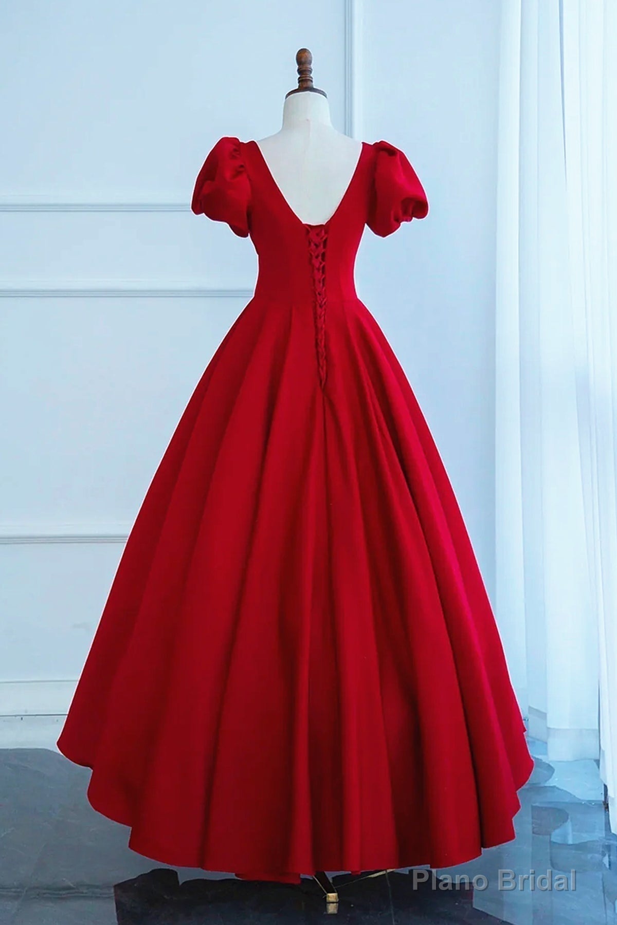 Short Sleeves Dark Red Long Prom Dresses, Dark Red Long Formal Evening Dresses Secondary image