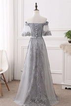 Short Sleeves Grey Lace Long Formal Prom Dresses, Short Sleeves Gray Lace Long Formal Evening Dresses
