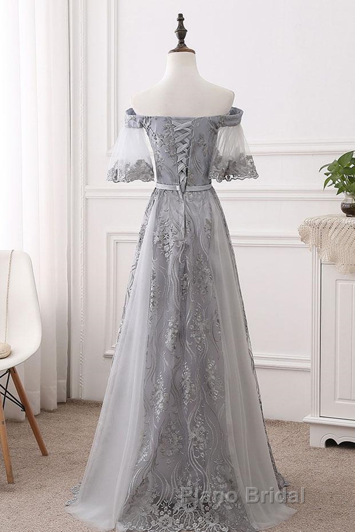 Short Sleeves Grey Lace Long Formal Prom Dresses, Short Sleeves Gray Lace Long Formal Evening Dresses