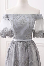Short Sleeves Grey Lace Long Formal Prom Dresses, Short Sleeves Gray Lace Long Formal Evening Dresses