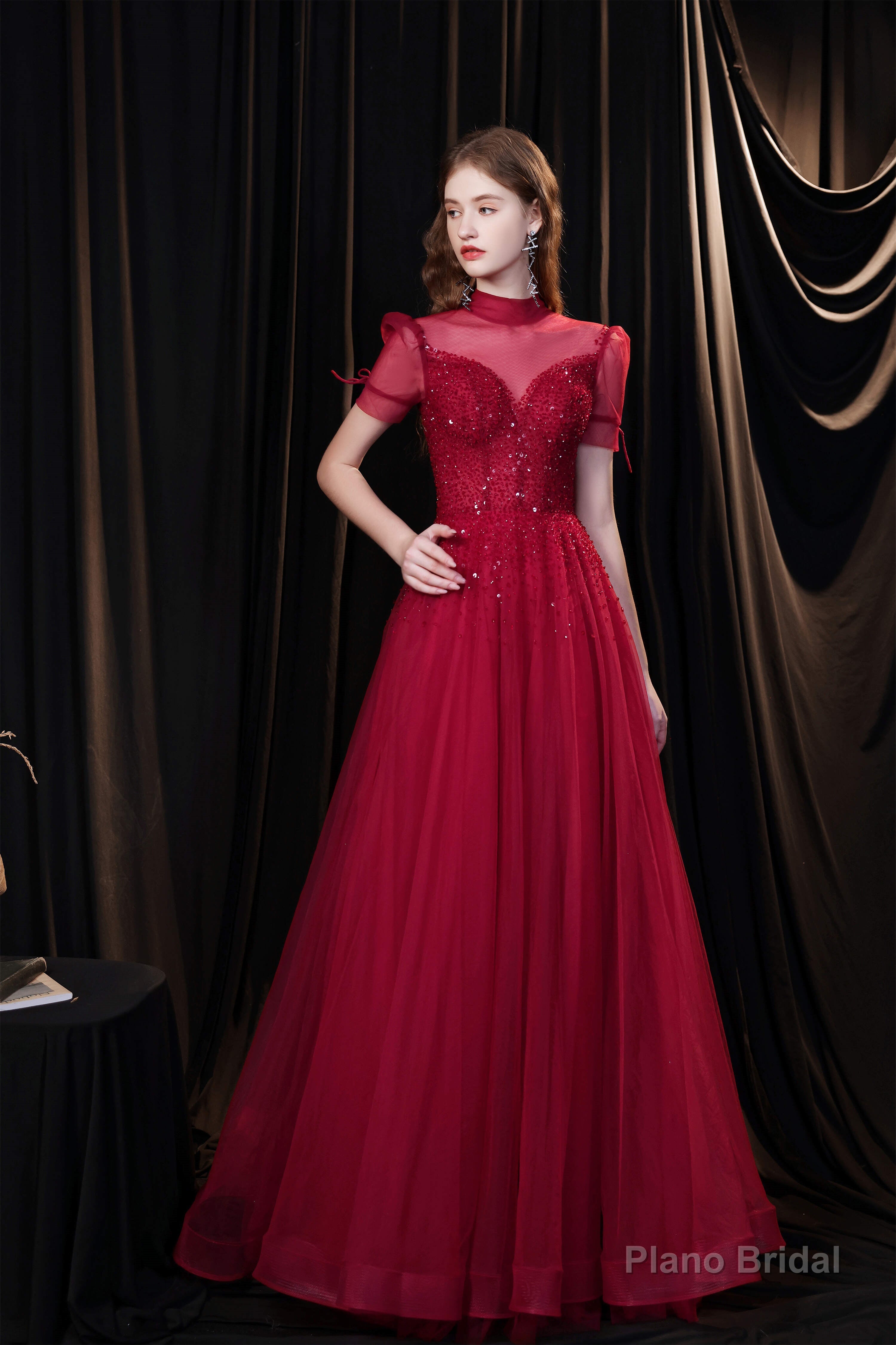 Short Sleeves High Neck Open Back Beading Long Prom Dresses Main image