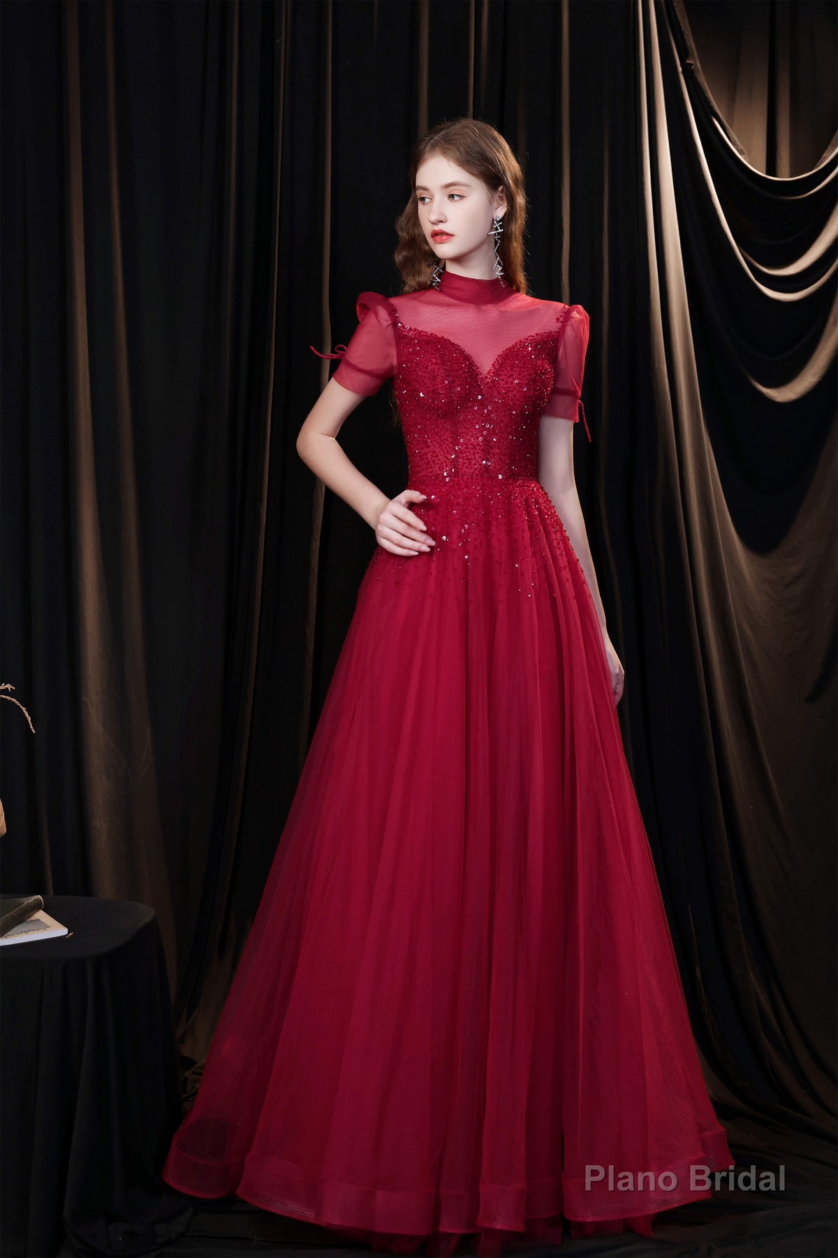 Short Sleeves High Neck Open Back Beading Long Prom Dresses Main image