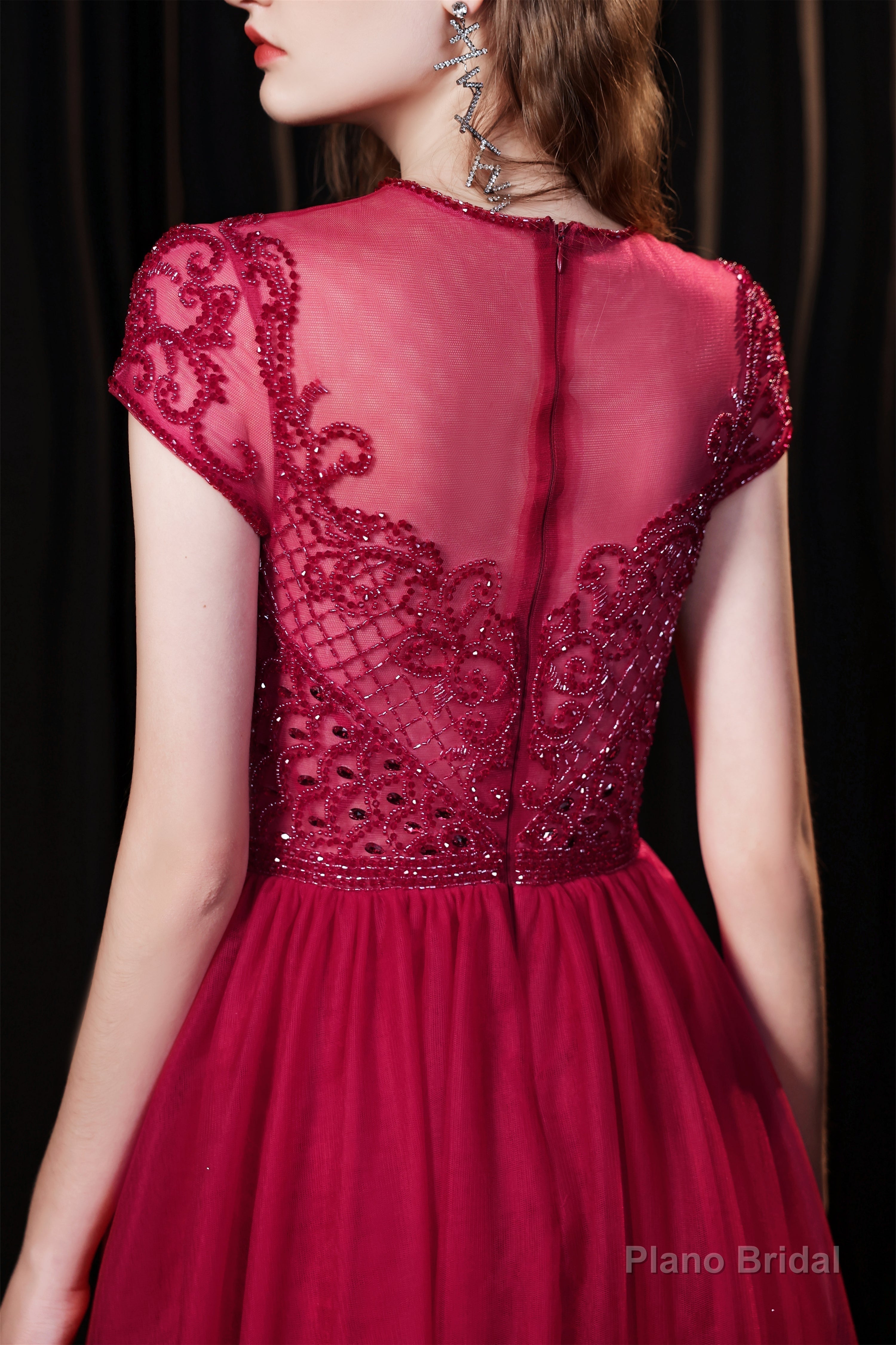 Short Sleeves High Neck Open Back Beading Long Prom Dresses