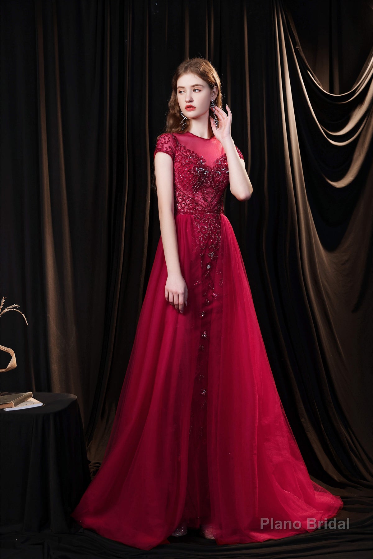 Short Sleeves High Neck Open Back Beading Long Prom Dresses Main image