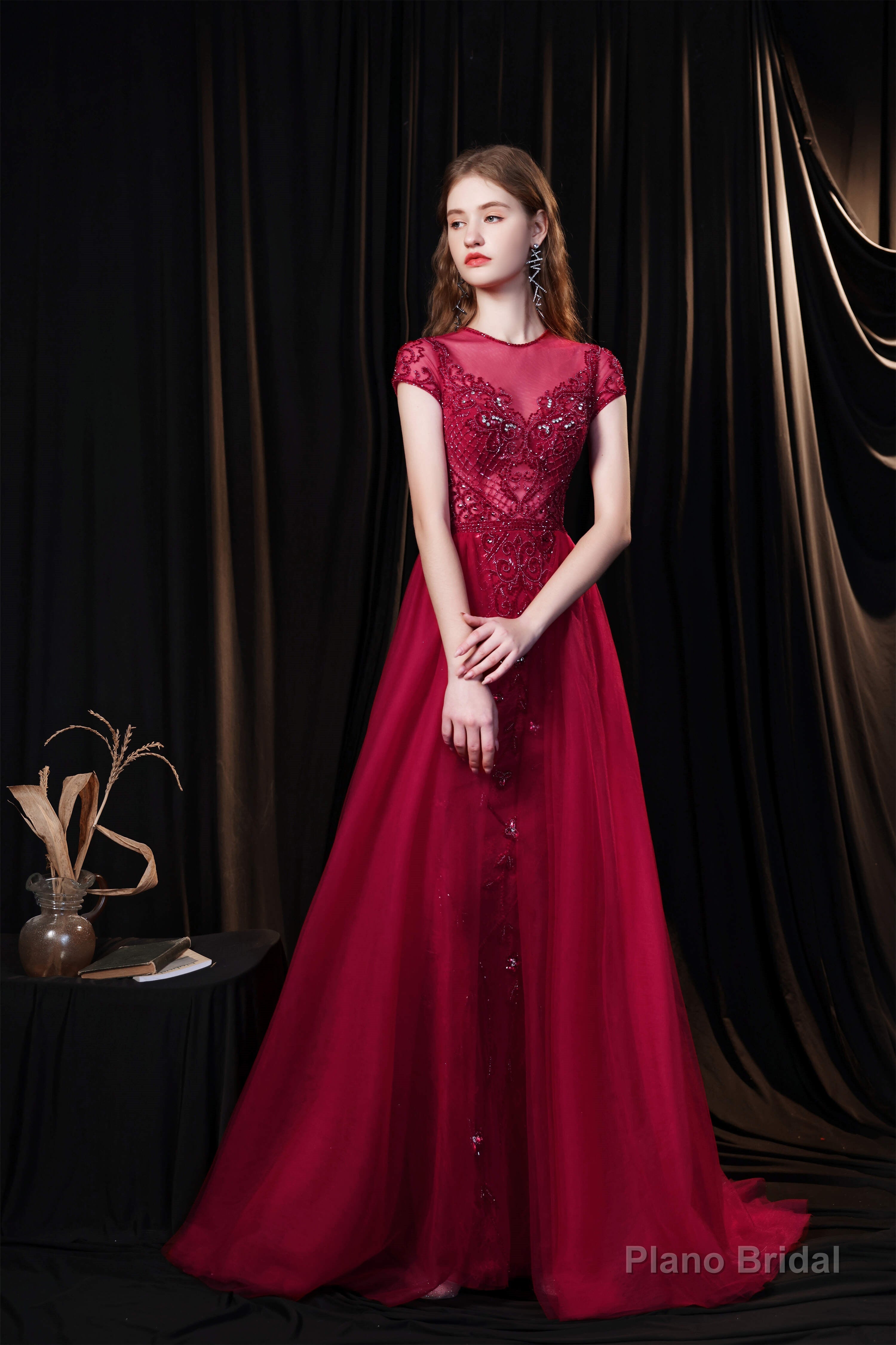 Short Sleeves High Neck Open Back Beading Long Prom Dresses Secondary image