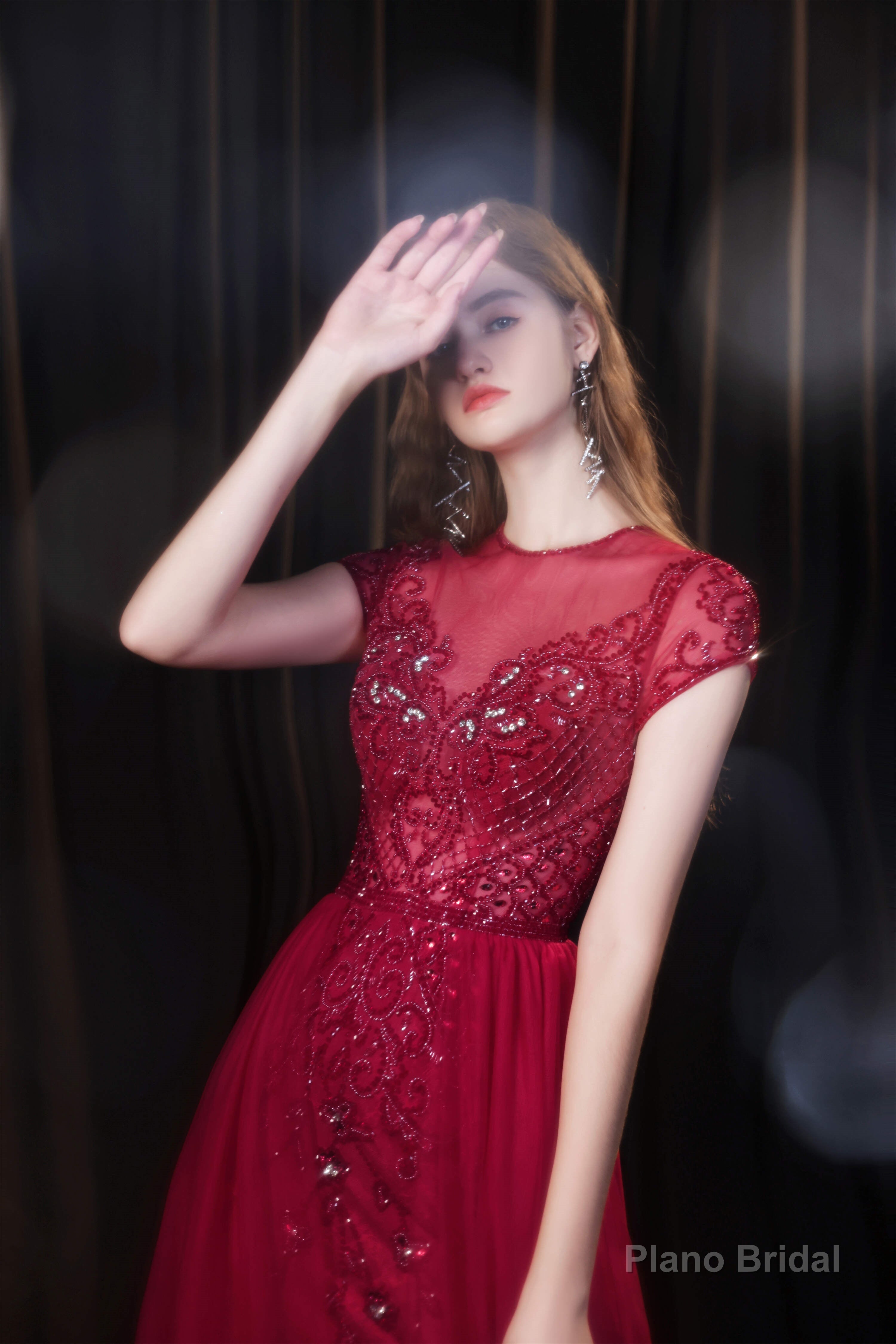 Short Sleeves High Neck Open Back Beading Long Prom Dresses