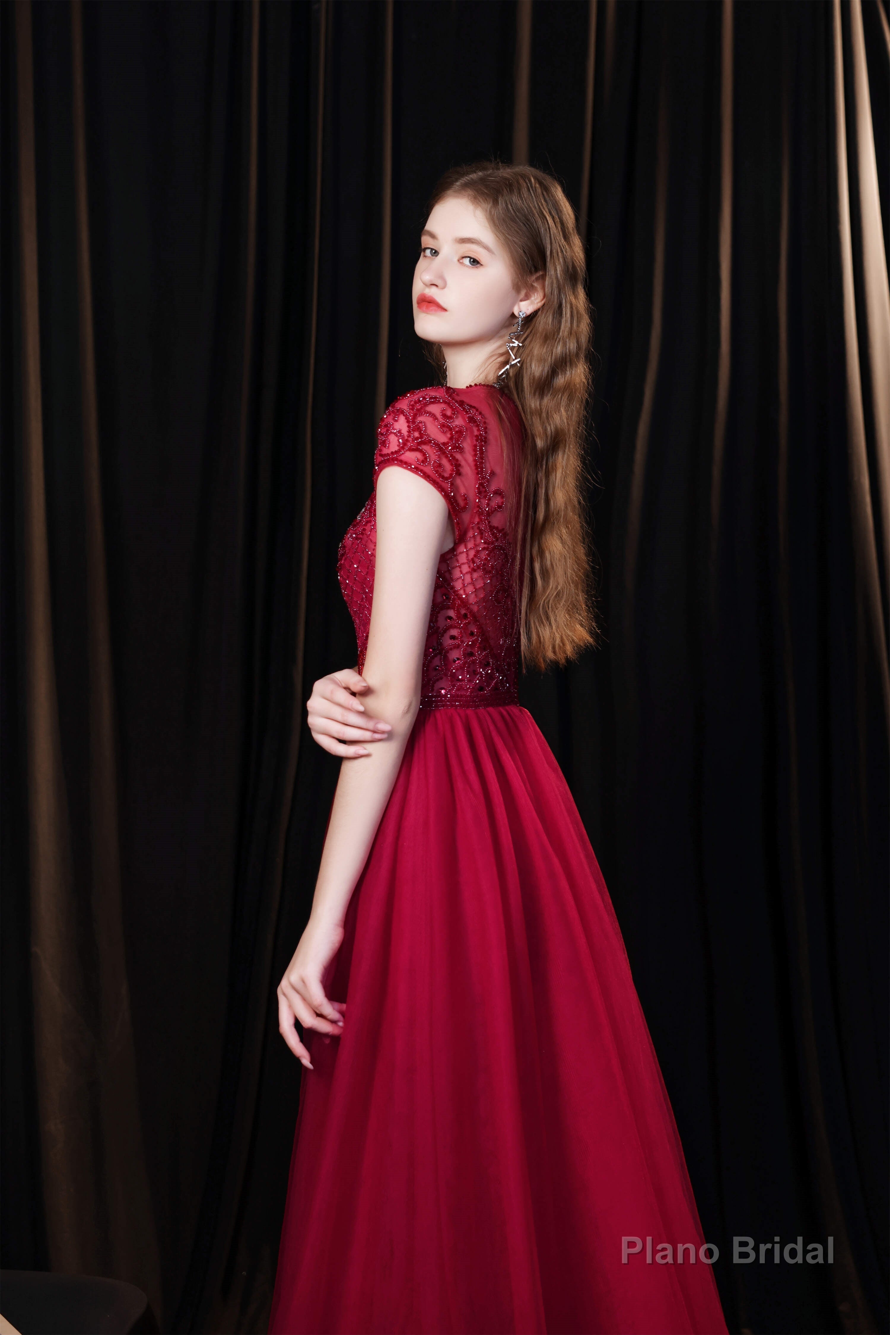Short Sleeves High Neck Open Back Beading Long Prom Dresses