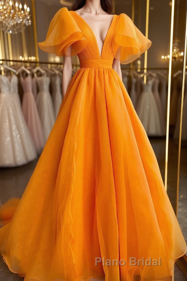 Short Sleeves Orange Long Formal Prom Dresses, Orange Long Formal Evening Dresses Main image