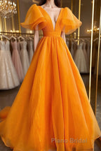 Short Sleeves Orange Long Formal Prom Dresses, Orange Long Formal Evening Dresses