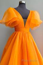 Short Sleeves Orange Long Formal Prom Dresses, Orange Long Formal Evening Dresses