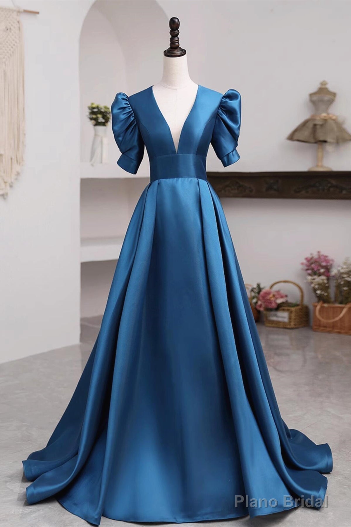 Short Sleeves Peacock Blue Long Prom Dresses, Peacock Blue Long Formal Evening Dresses Main image