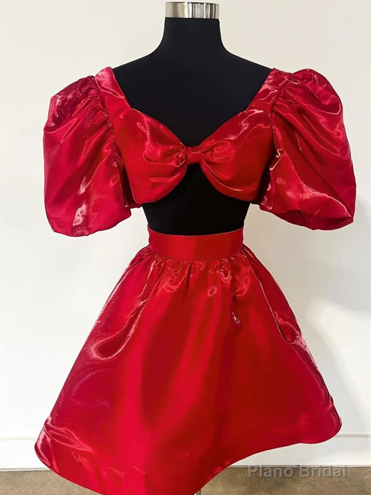 Short Sleeves Red Two Pieces Prom Dresses, 2 Pieces Short Red Formal Homecoming Dresses Main image