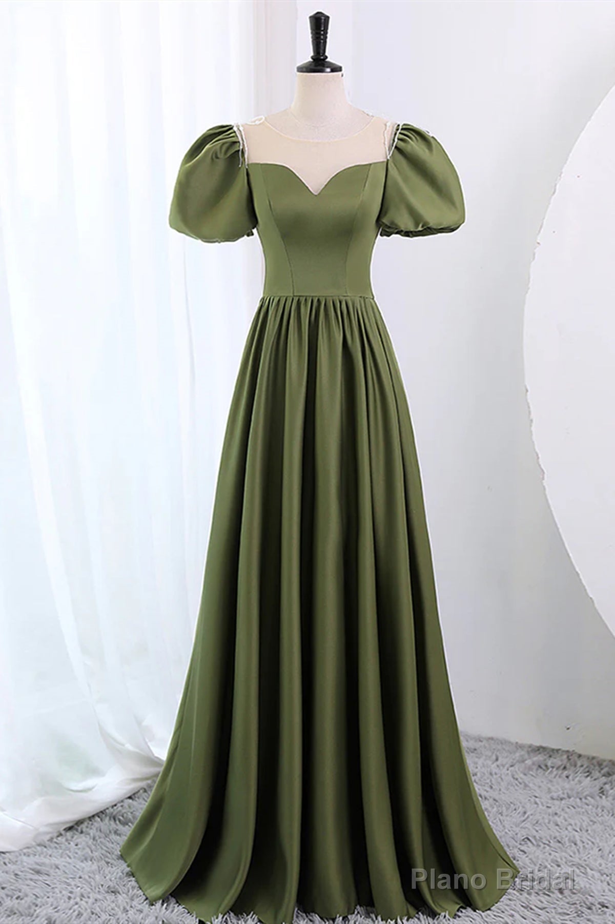 Short Sleeves Scoop Neck Dark Green Satin Prom Dresses, Short Sleeves Green Formal Evening Dresses Main image