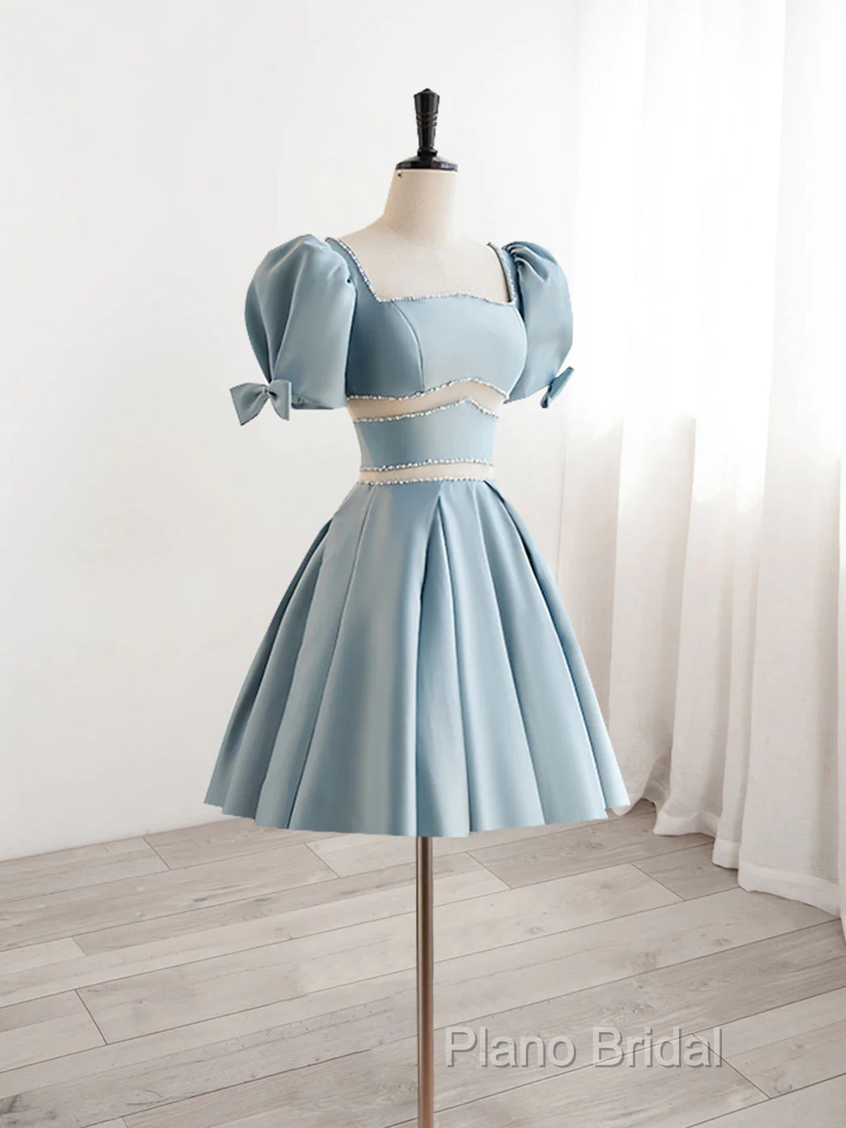 Short Sleeves Short Blue Formal Prom Dresses, Short Blue Formal Homecoming Dresses
