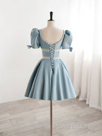 Short Sleeves Short Blue Formal Prom Dresses, Short Blue Formal Homecoming Dresses