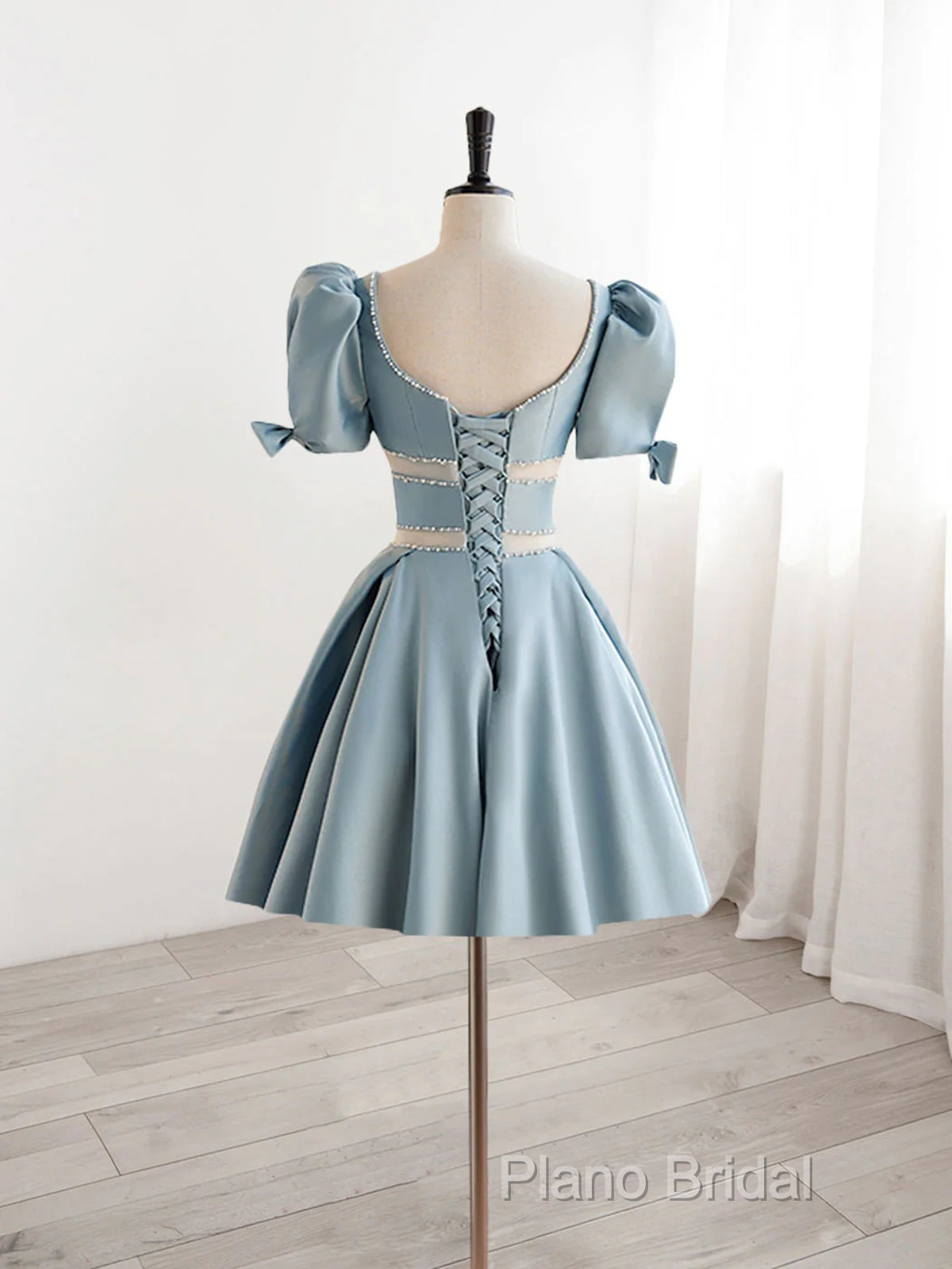 Short Sleeves Short Blue Formal Prom Dresses, Short Blue Formal Homecoming Dresses
