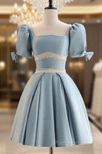 Short Sleeves Short Blue Formal Prom Dresses, Short Blue Formal Homecoming Dresses