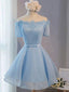 Short Sleeves Short Blue Prom Dresses with Lace-up, Short Blue Homecoming Graduation Dresses