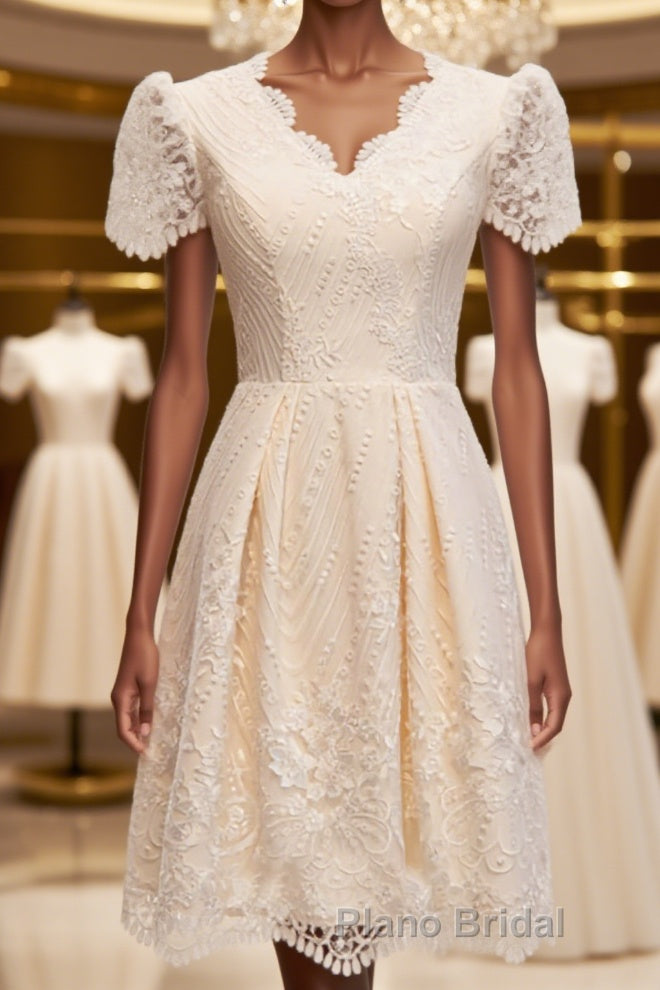 Short Sleeves Short Champagne Lace Formal Prom Dresses, Short Champagne Lace Formal Wedding Dresses Main image