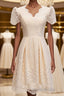 Short Sleeves Short Champagne Lace Formal Prom Dresses, Short Champagne Lace Formal Wedding Dresses