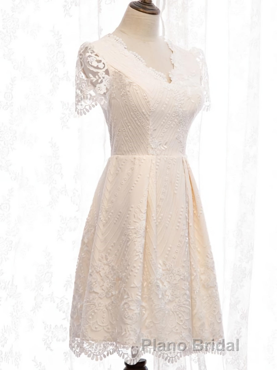 Short Sleeves Short Champagne Lace Formal Prom Dresses, Short Champagne Lace Formal Wedding Dresses