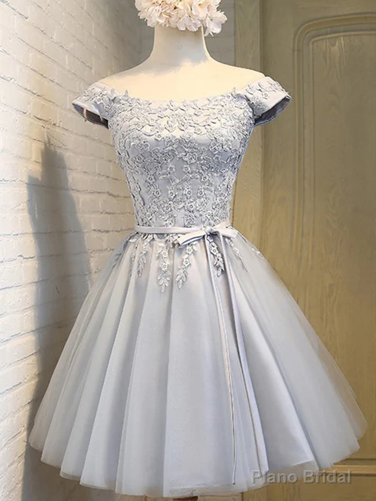 Short Sleeves Silver Gray Lace Prom Dresses, Lace Graduation Homecoming Dresses Secondary image