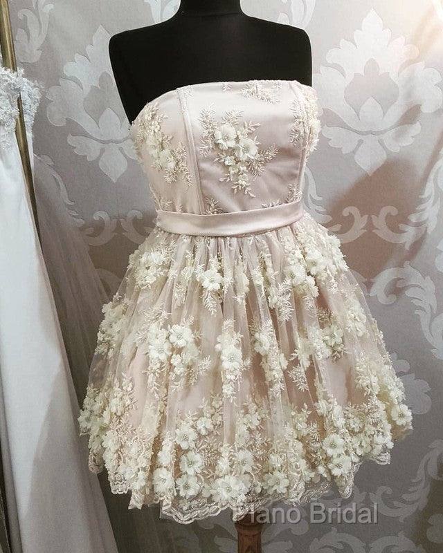 Short Strapless Homecoming Dresses With 3D Lace Flowers Secondary image