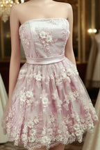 Short Strapless Homecoming Dresses With 3D Lace Flowers