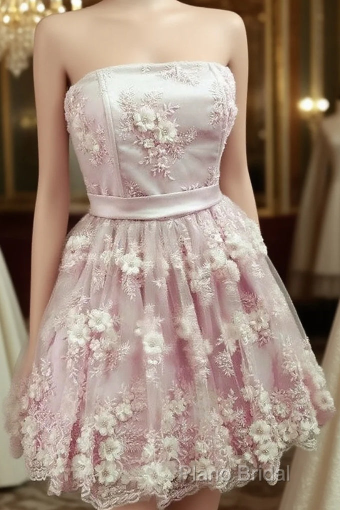 Short Strapless Homecoming Dresses With 3D Lace Flowers