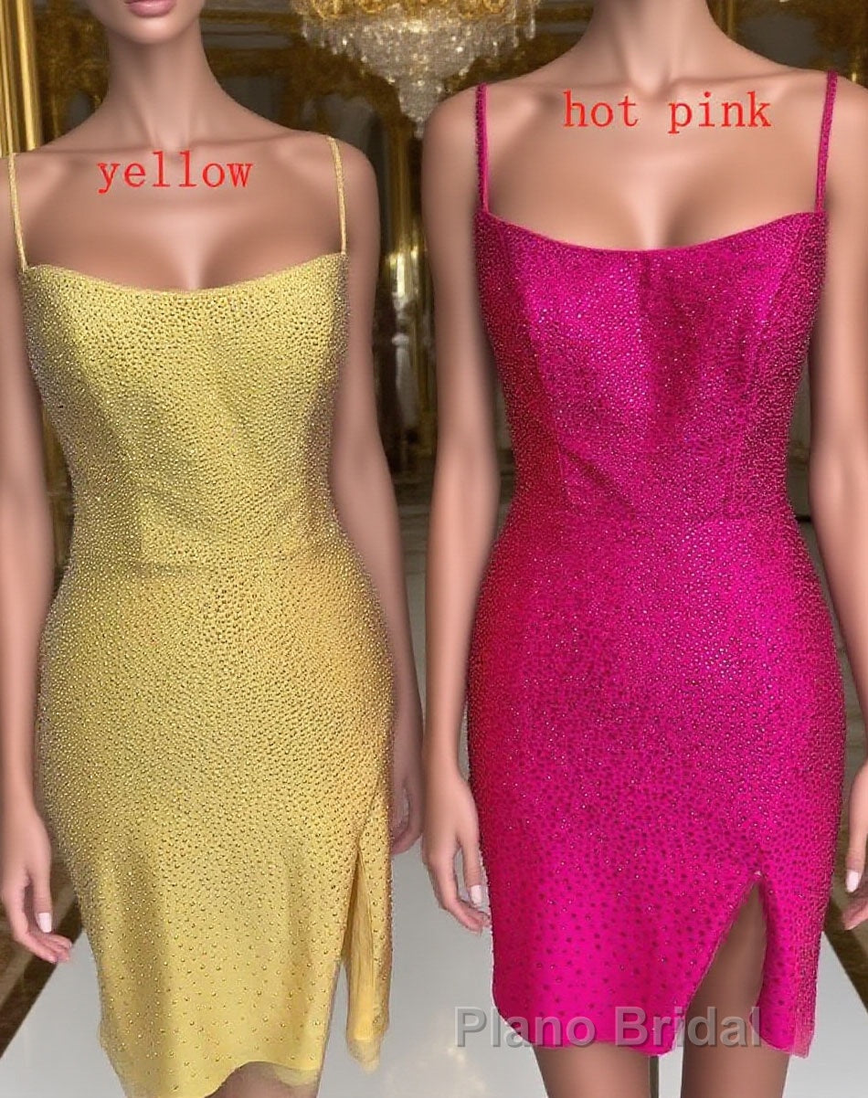Short Tight Yellow Homecoming Dresses,Crystal Beaded Semi Prom Dresses