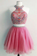 Short Two Piece Formal Prom Dresses Beaded Top