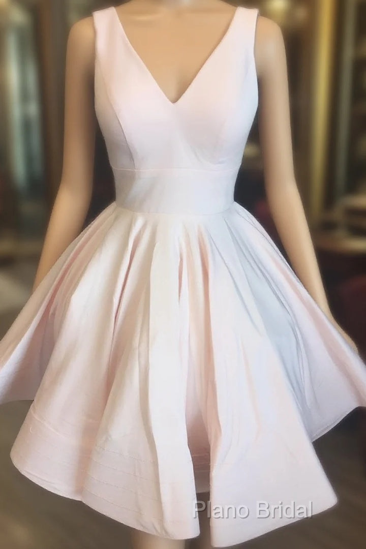 Short V Neck Light Pink Satin Formal Prom Dresses, Short V Neck Pink Formal Graduation Dresses Main image