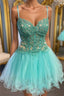 Short V Neck Mint Green Lace Formal Prom Dresses, Short Mint Green Lace Formal Homecoming Dresses