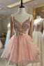 Short V Neck Pink Lace Formal Prom Dresses, Short Pink Lace Graduation Homecoming Dresses