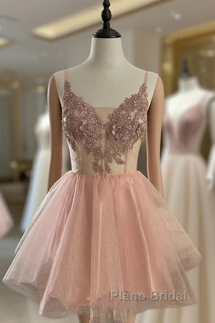 Short V Neck Pink Lace Formal Prom Dresses, Short Pink Lace Graduation Homecoming Dresses Main image
