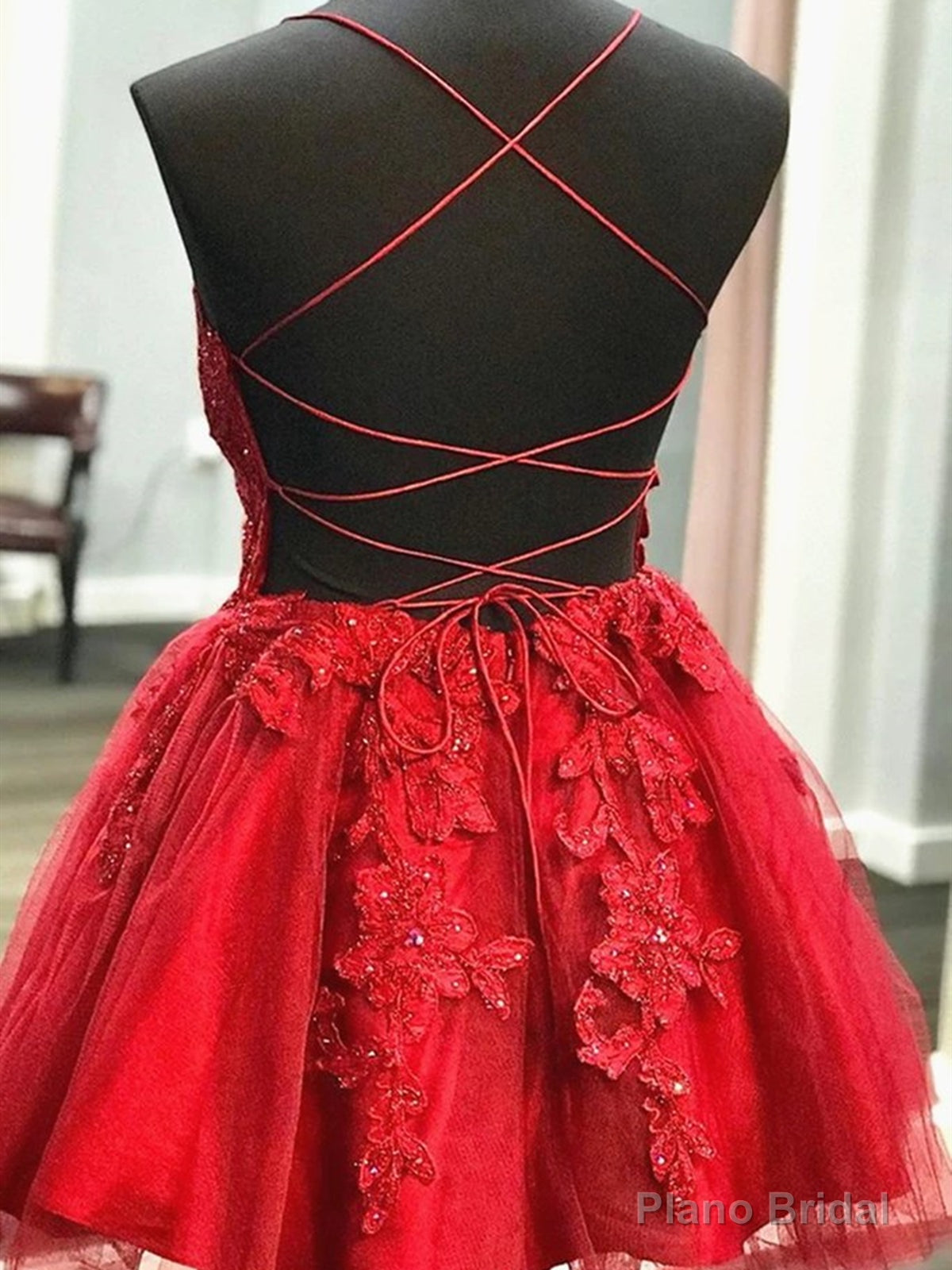 Short V Neck Red Lace Prom Dresses, V Neck Short Red Lace Graduation Homecoming Dresses Secondary image