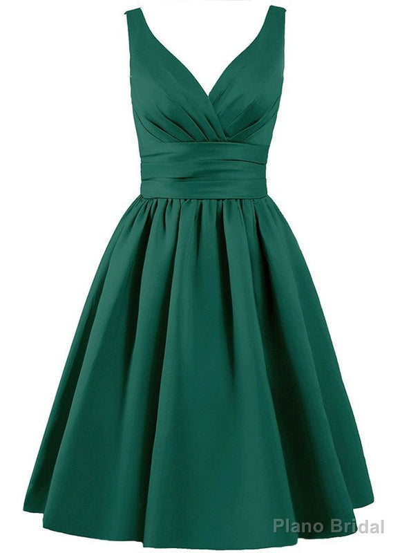 Short V-neck Satin Knee Length With Pleats Bridesmaid Dress Main image