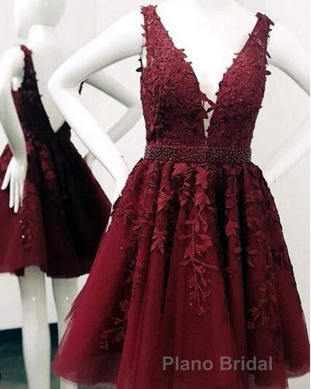 Short V-neck Tulle Formal Prom Homecoming Dresses Lace Embroidery