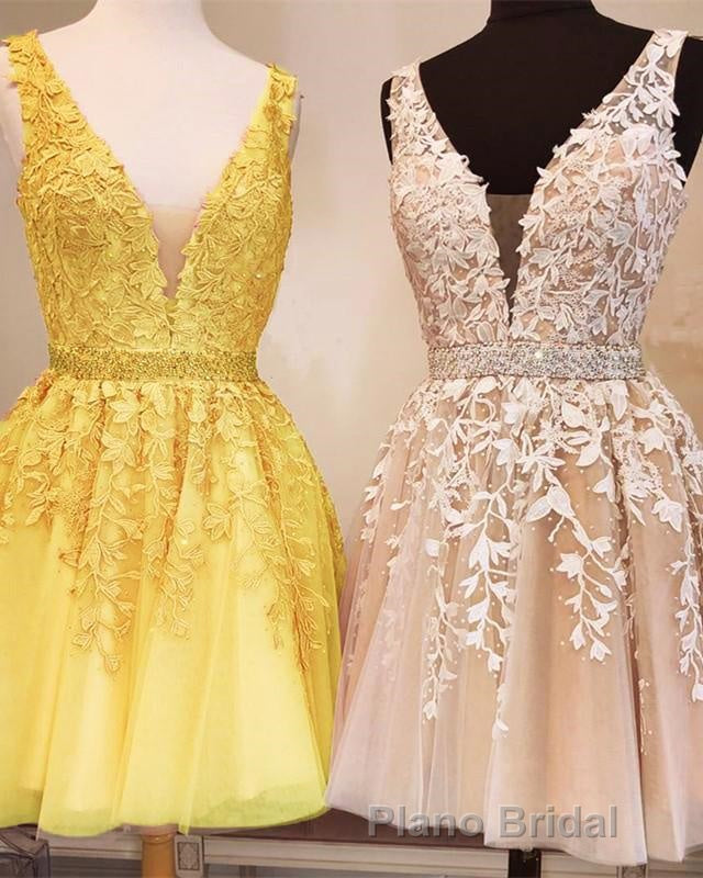 Short V-neck Tulle Formal Prom Homecoming Dresses Lace Embroidery